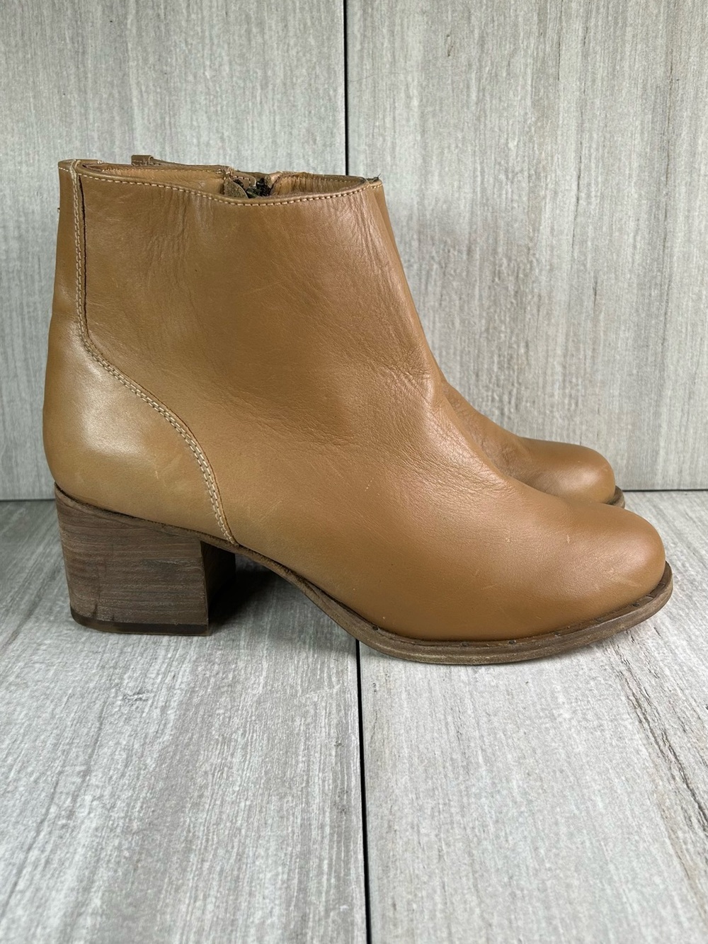 Beek Cognac Leather Handmade Block Heel Ankle Booties Sidezip Womens Size 10